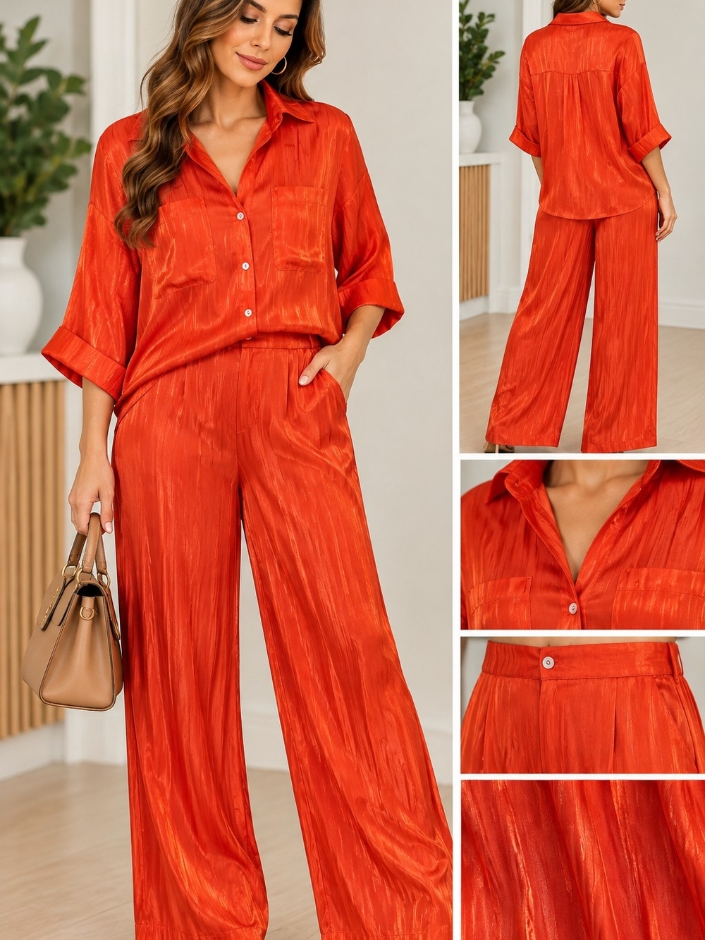 DAVI & DANI Orange Satin-Look Wide-Leg Pants & Shirt Set